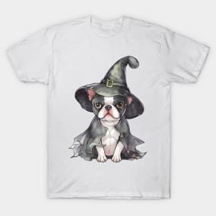 Watercolor Boston Terrier Dog in Witch Hat T-Shirt